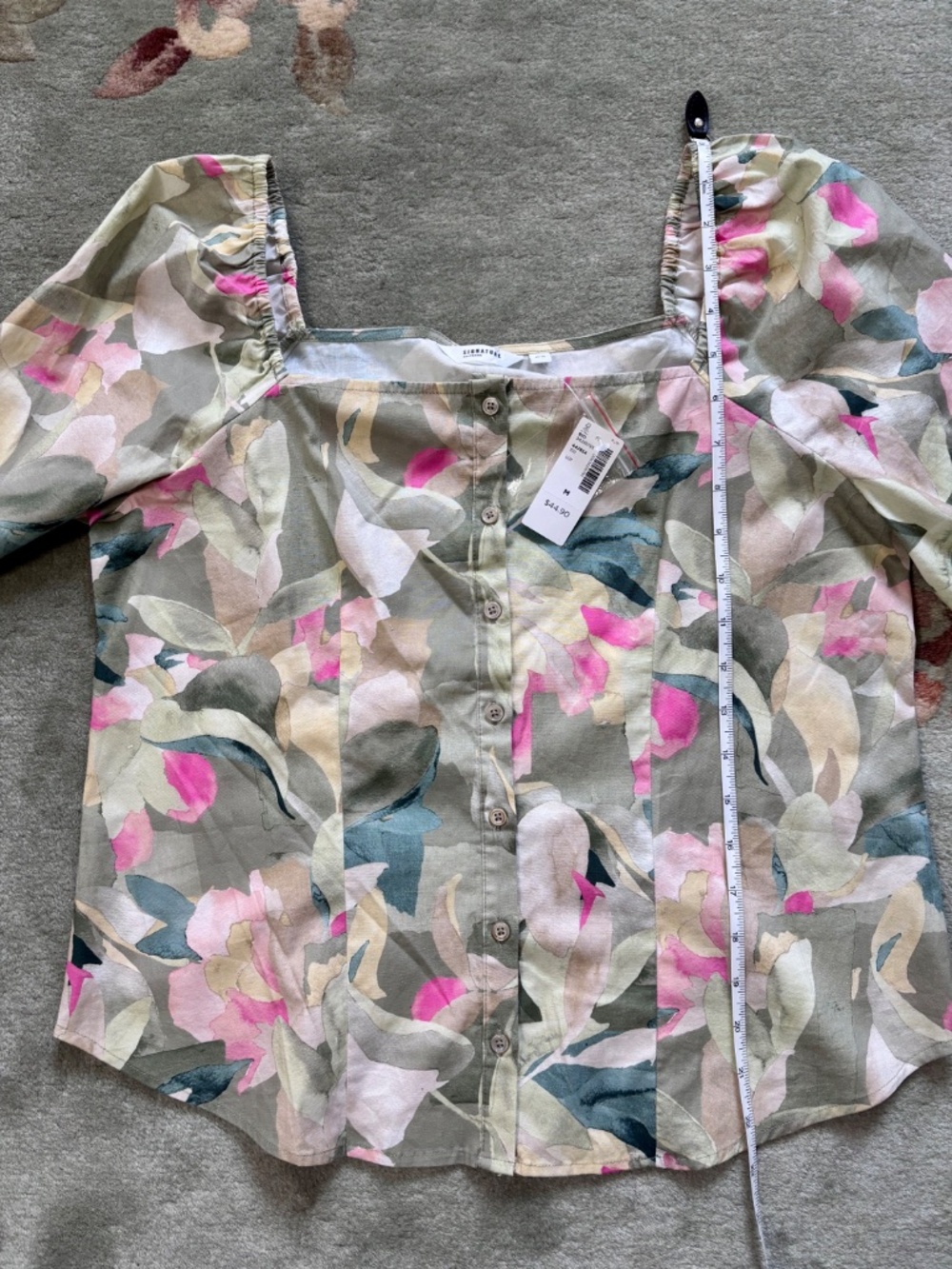 Signature by Reitmans Floral Button Up Blouse Puff Sleeves Women’s Size Medium - Picture 8 of 9